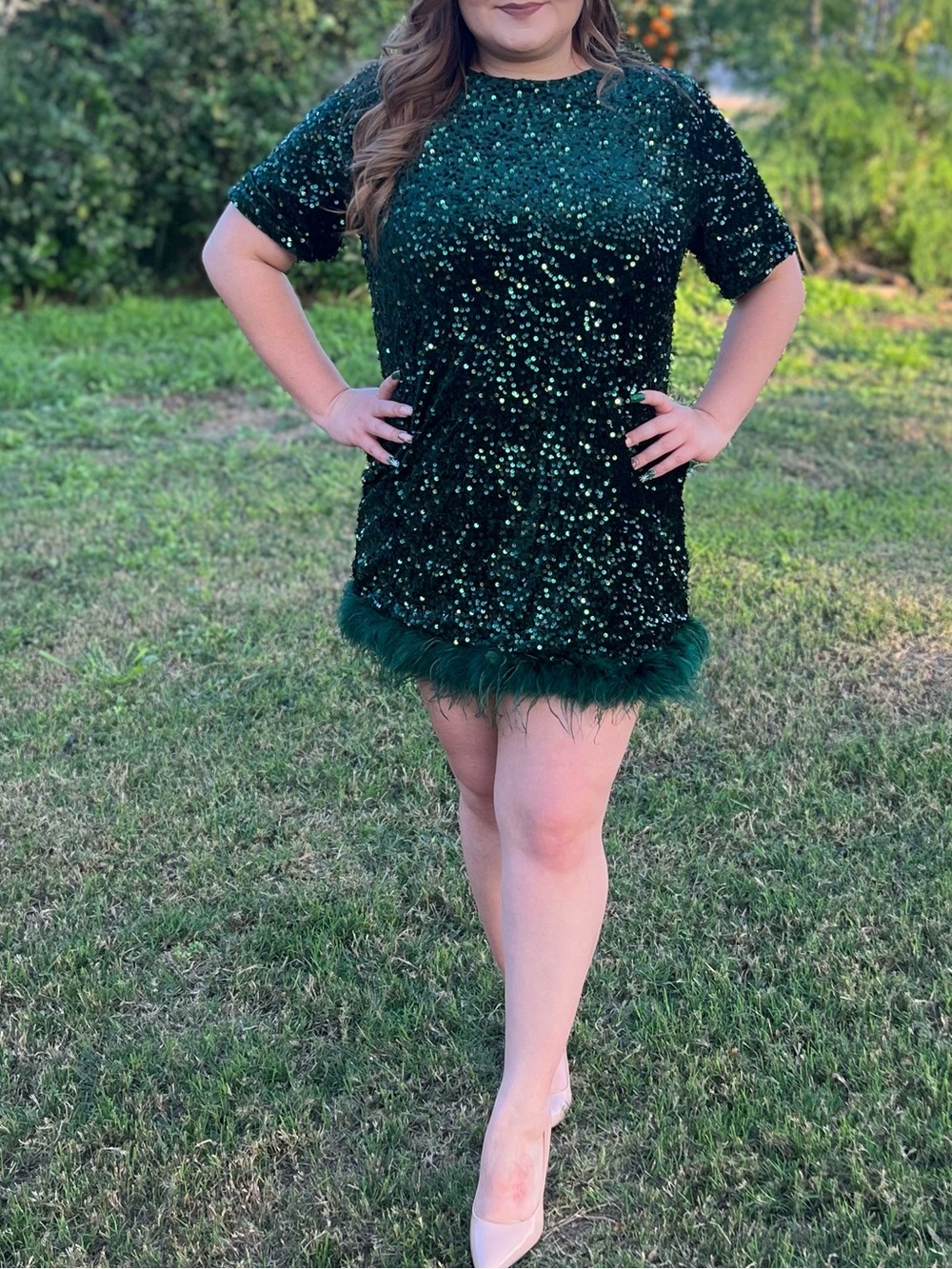 Fashion Nova Emerald Green Sequin Mini Dress with Feather Hem